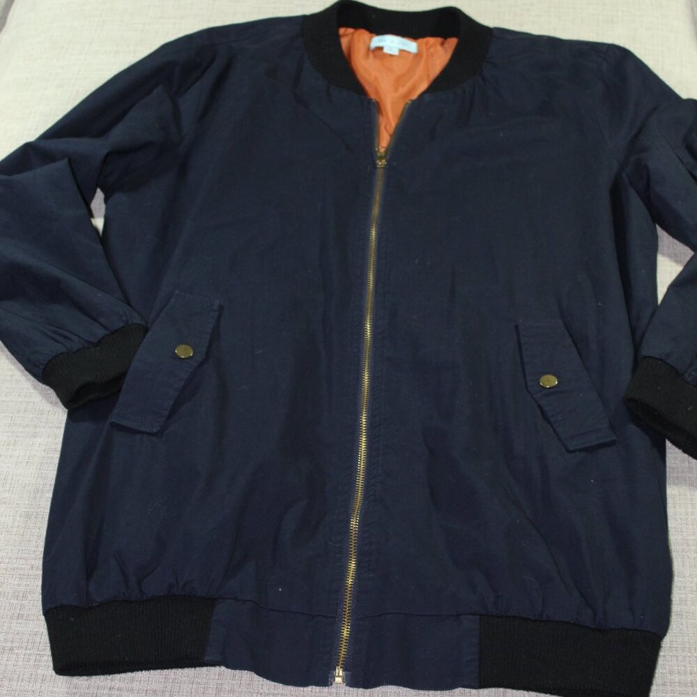 She + Sky Size Large Long Navy Blue Bomber Jacket